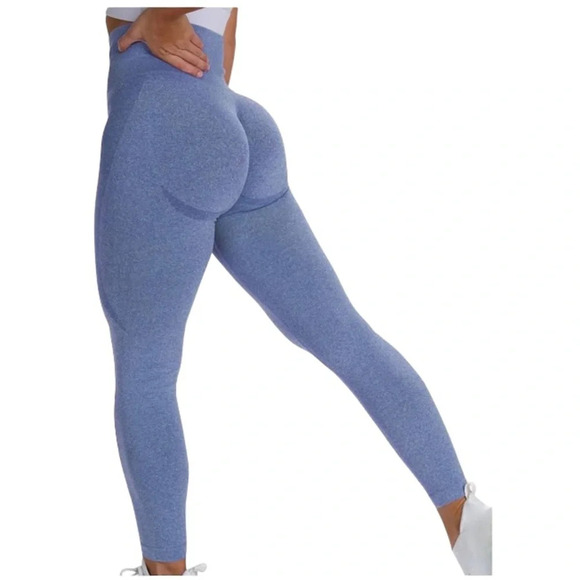 AMAZON High Waist Leggings Blue Seamless Scrunch Tummy Control Butt Lift L - Picture 1 of 8